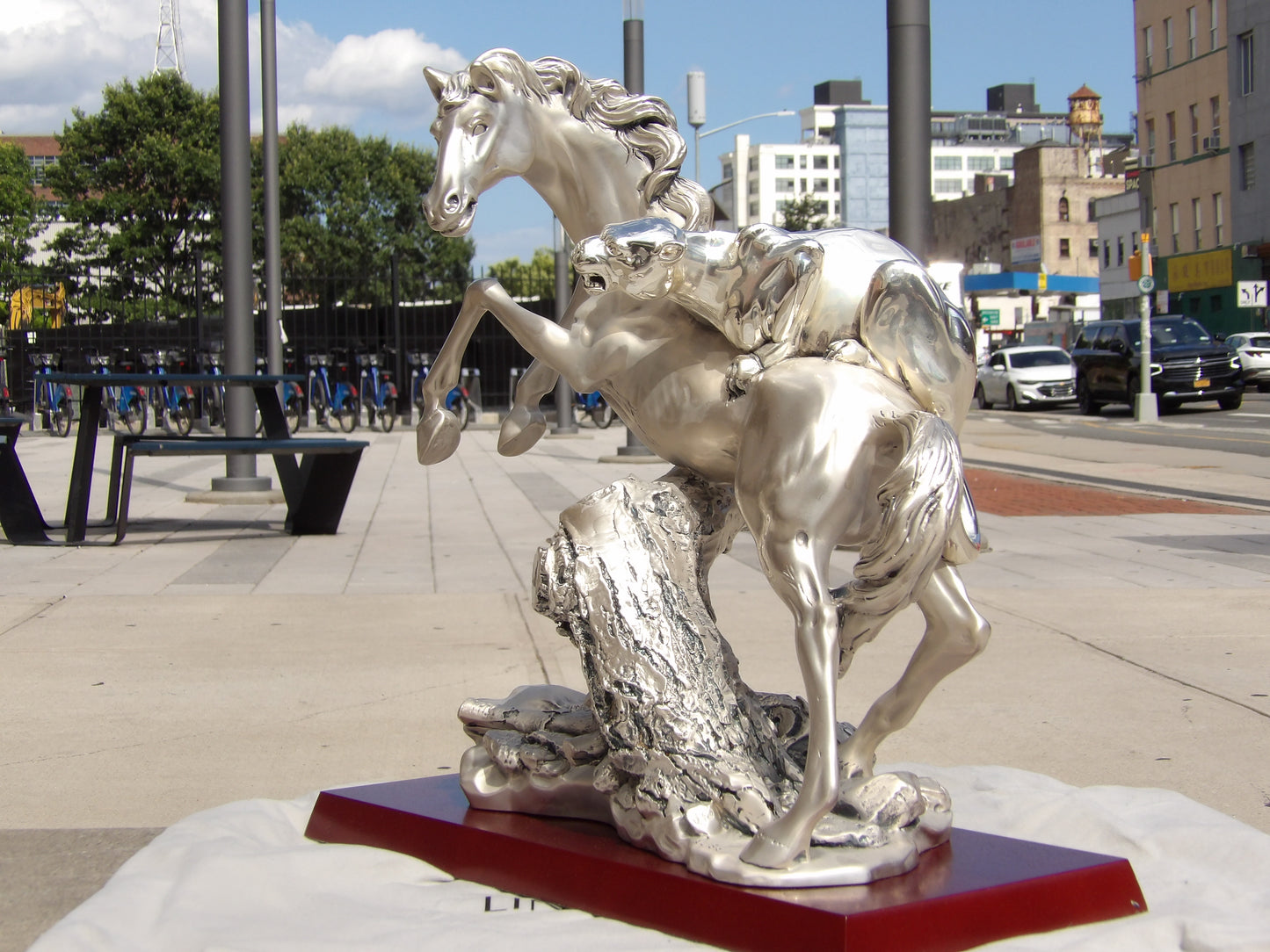 Horses Sculpture – Silver-Coated Resin on Mahogany Base: A Majestic Tribute to Grace and Strength