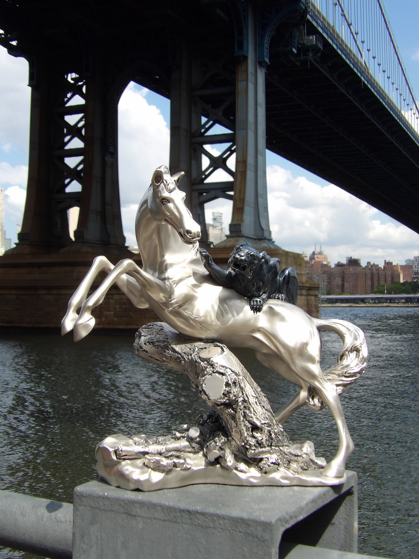 Silver-coated resin sculpture , Black Panther on Horse
