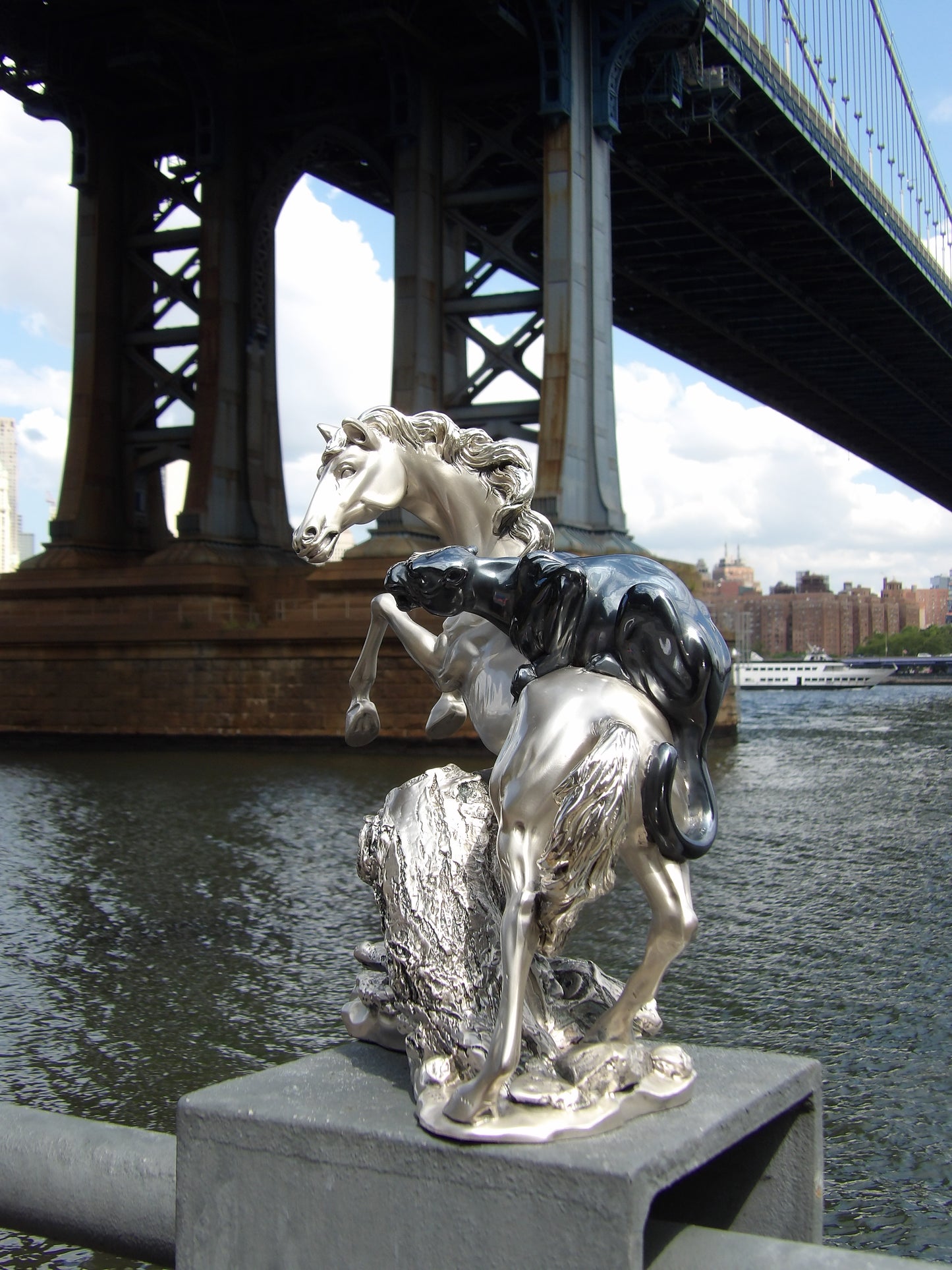 Silver-coated resin sculpture , Black Panther on Horse