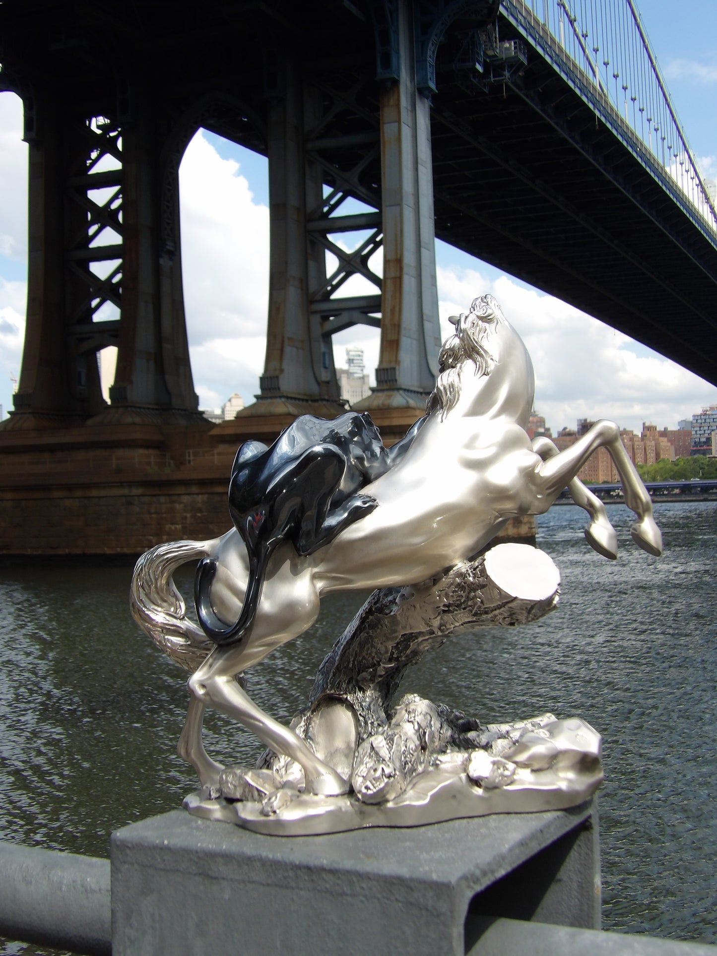 Silver-coated resin sculpture , Black Panther on Horse