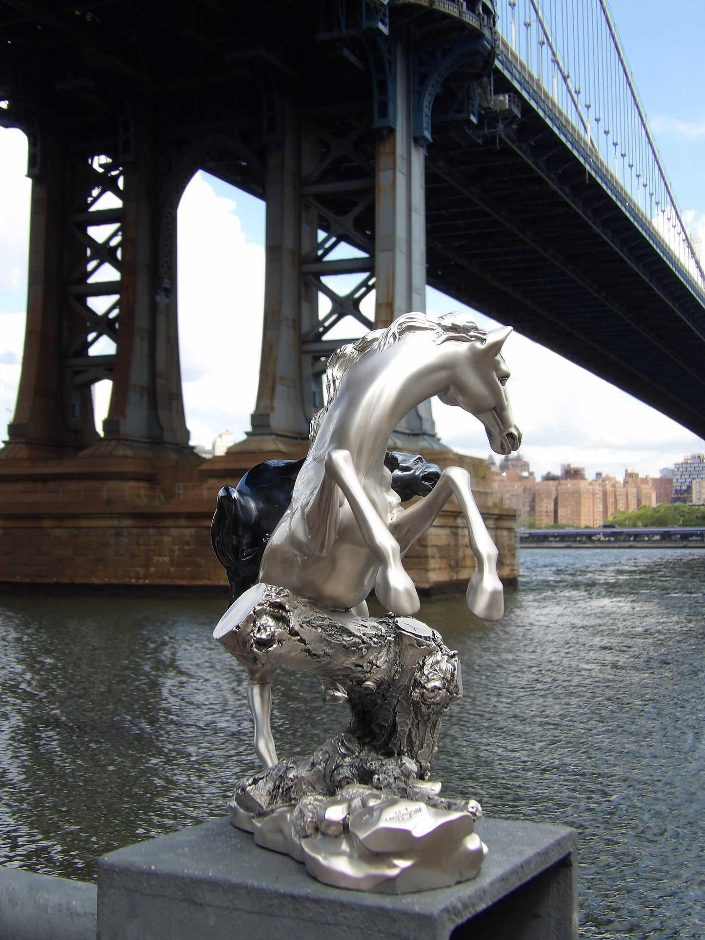 Silver-coated resin sculpture , Black Panther on Horse