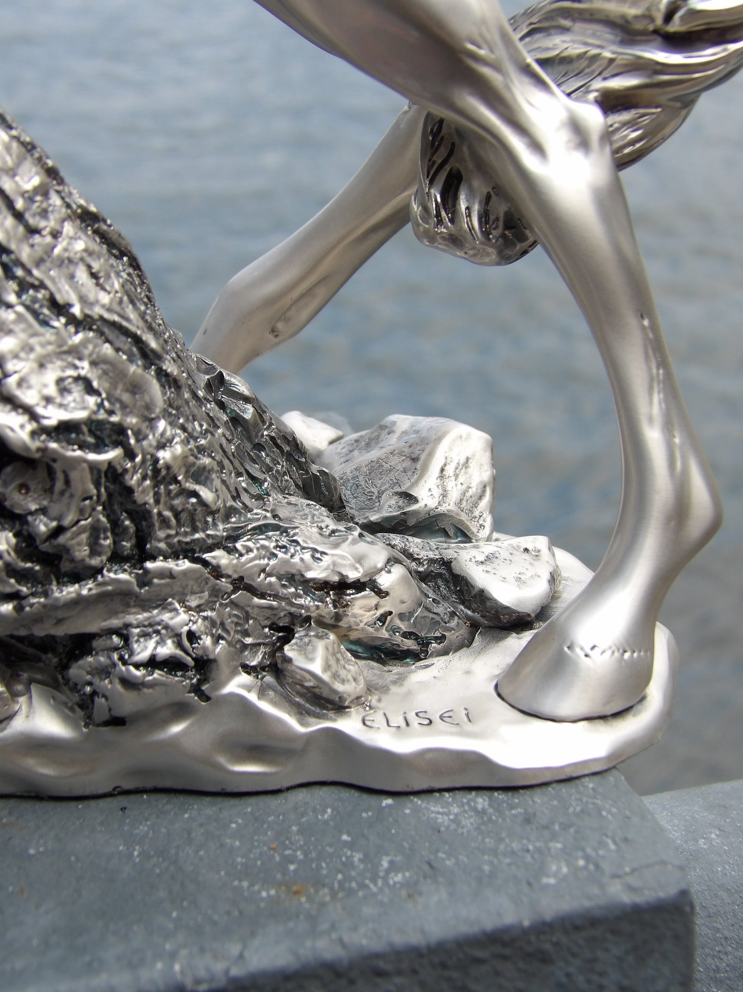 Silver-coated resin sculpture , Black Panther on Horse