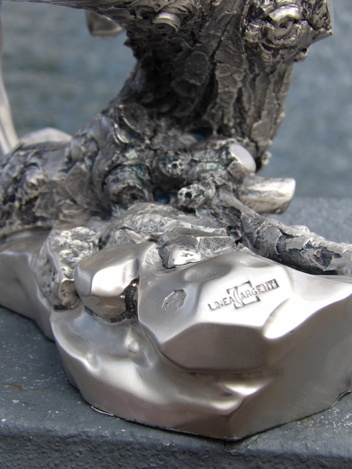 Silver-coated resin sculpture , Black Panther on Horse