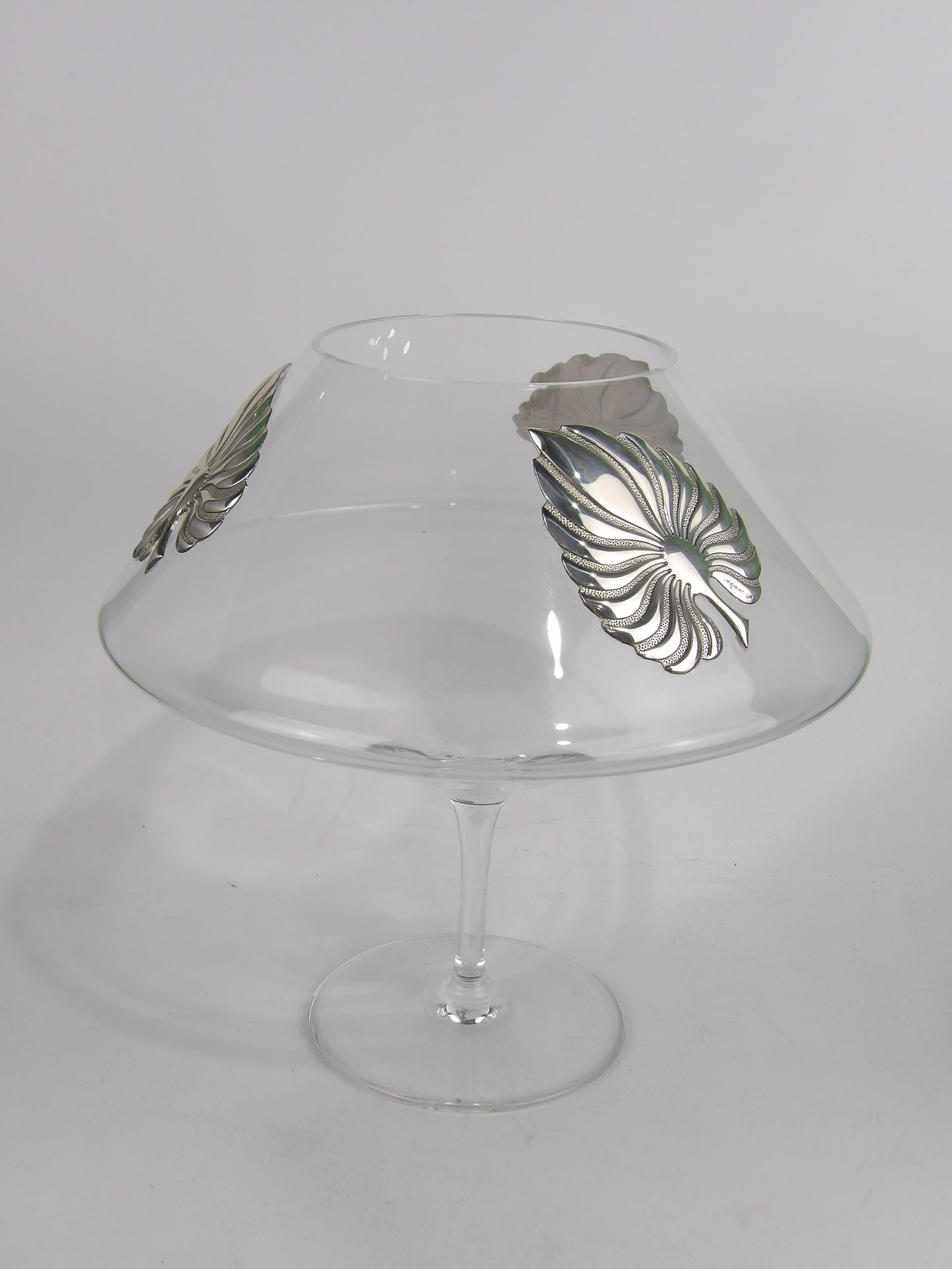 Clear Glass Candel holder with silver bilaminate subject "Leaves"