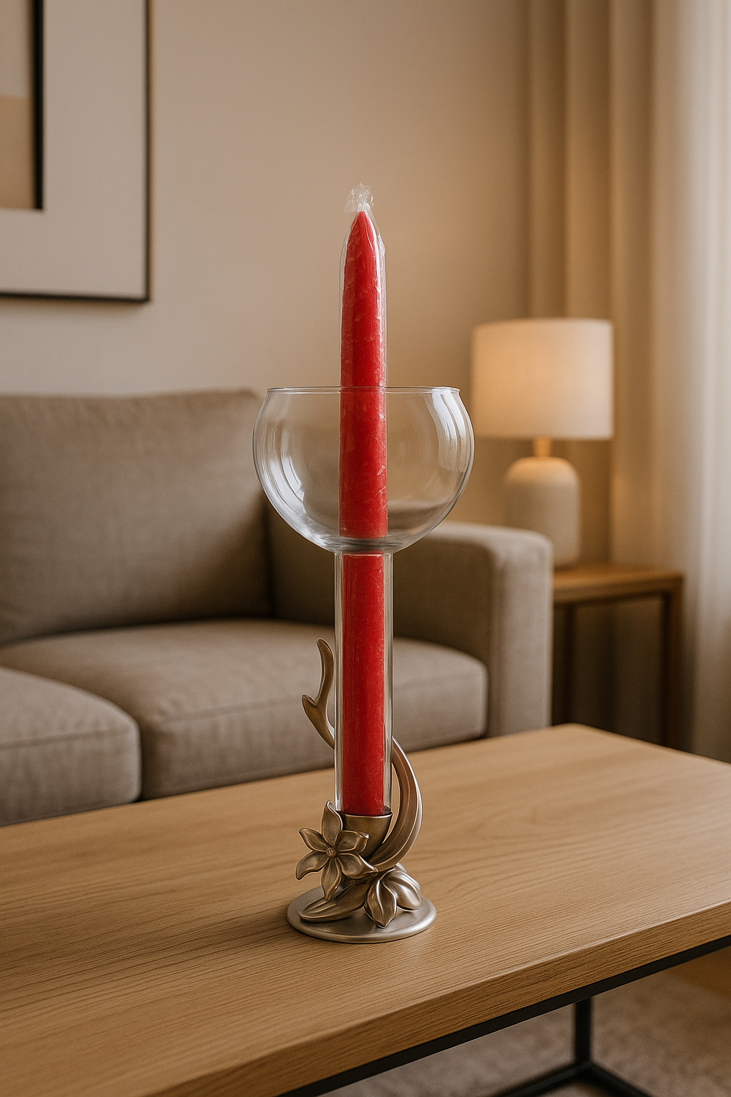 Candelabro de resina plateada con candelero