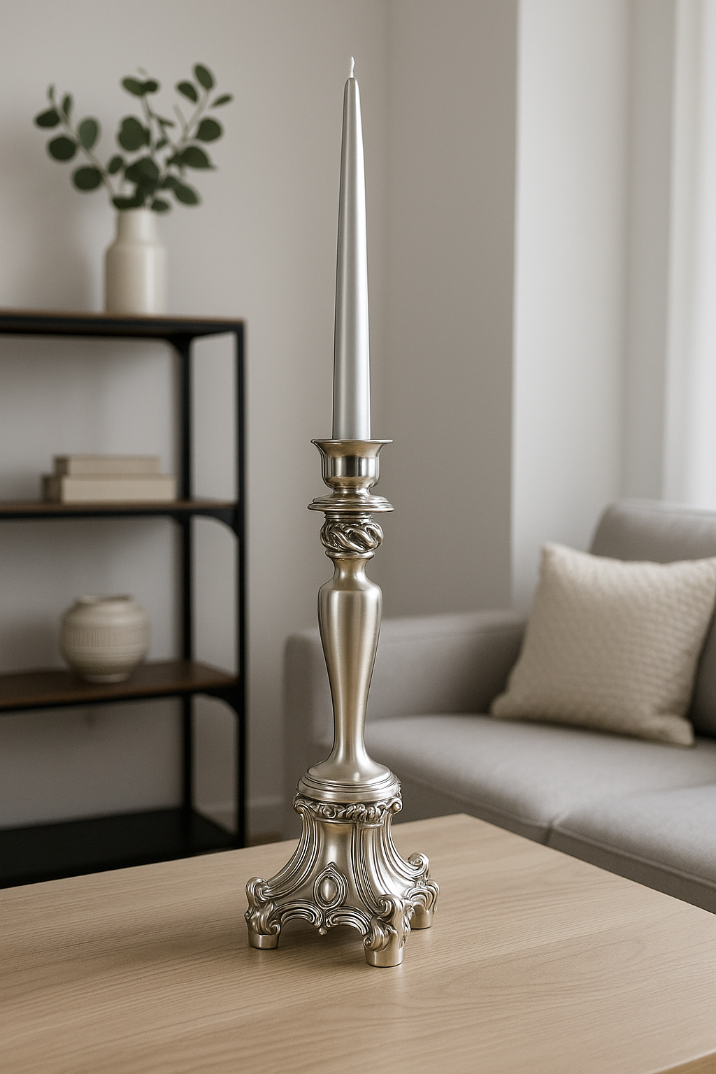 Candlestick with a Flame in Silver Resin