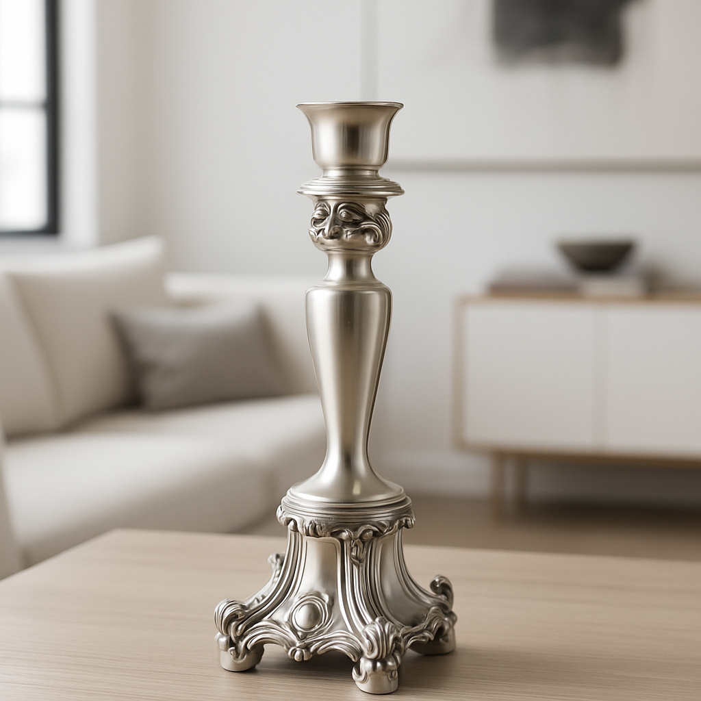 Candlestick with a Flame in Silver Resin