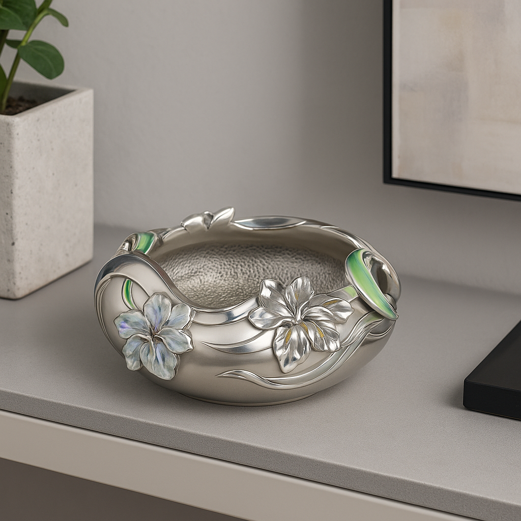 Centerpiece 'Flowers' in Silver Resin Painted with Color and Gold