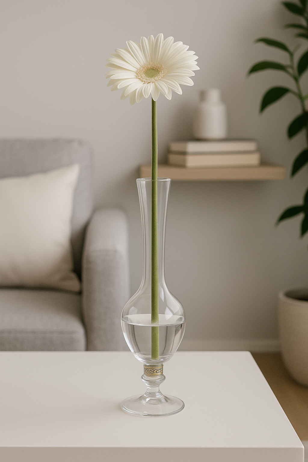 Candelabro de vidrio transparente con bilaminado plateado.