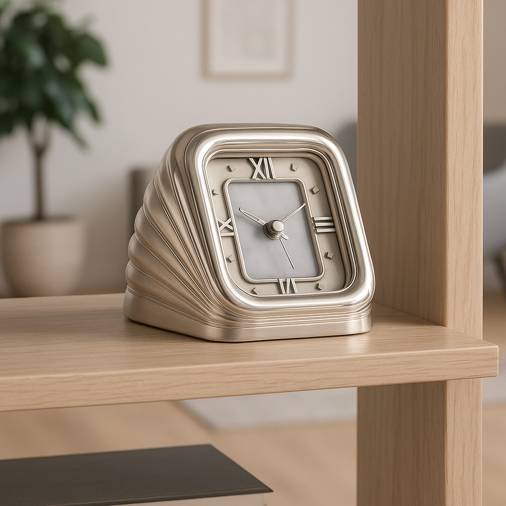 Base de reloj contemporánea plateada con diseño acanalado y acabado pulido