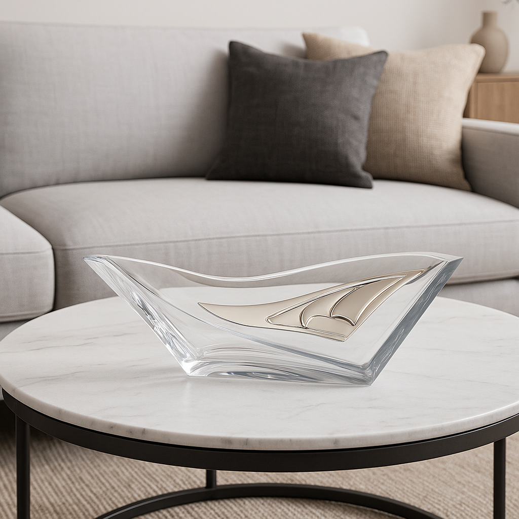 Crystal bowl with decoration in silver-coated bilaminate