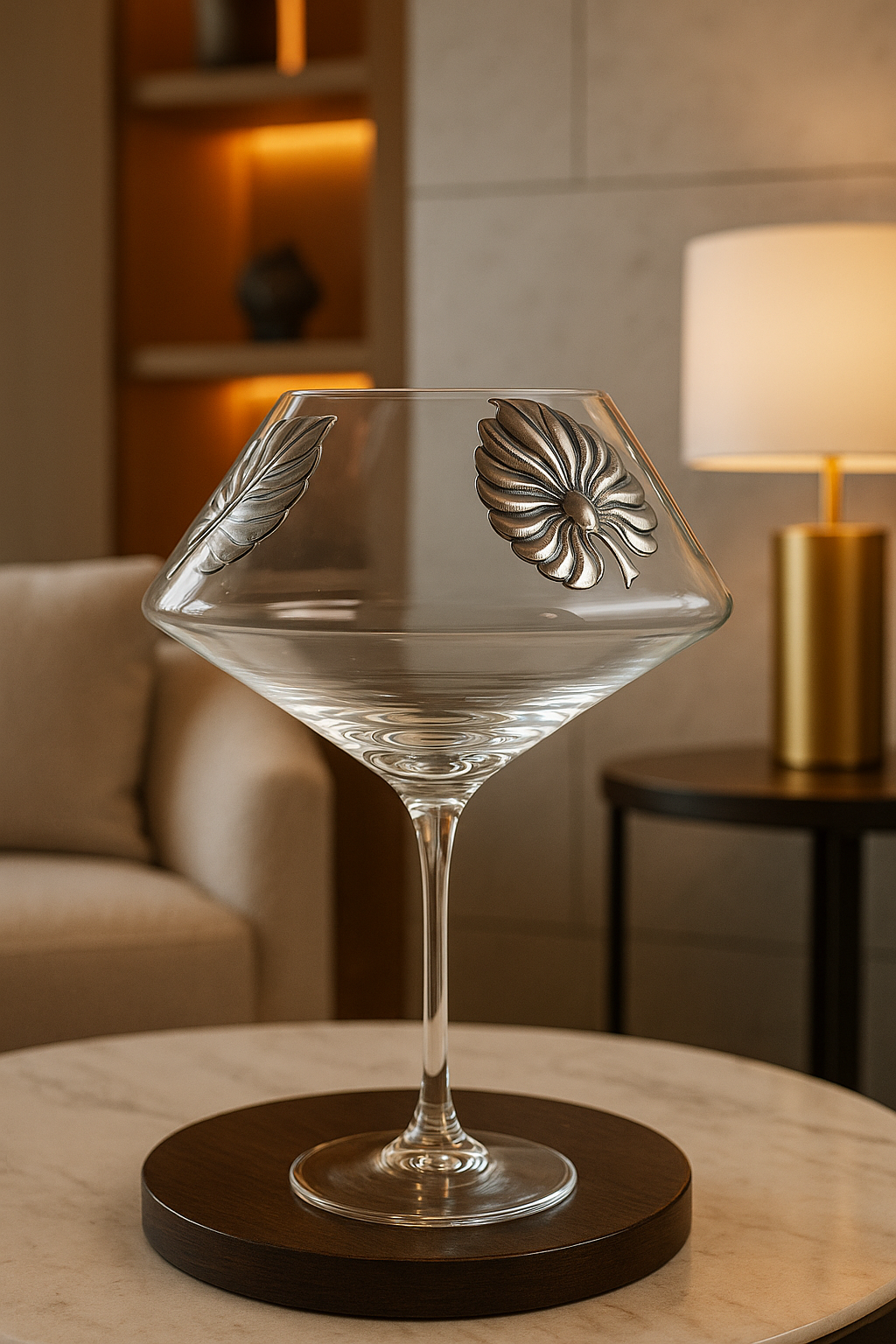 Crystal Candel holder with silver coated bilaminate subject Leaves