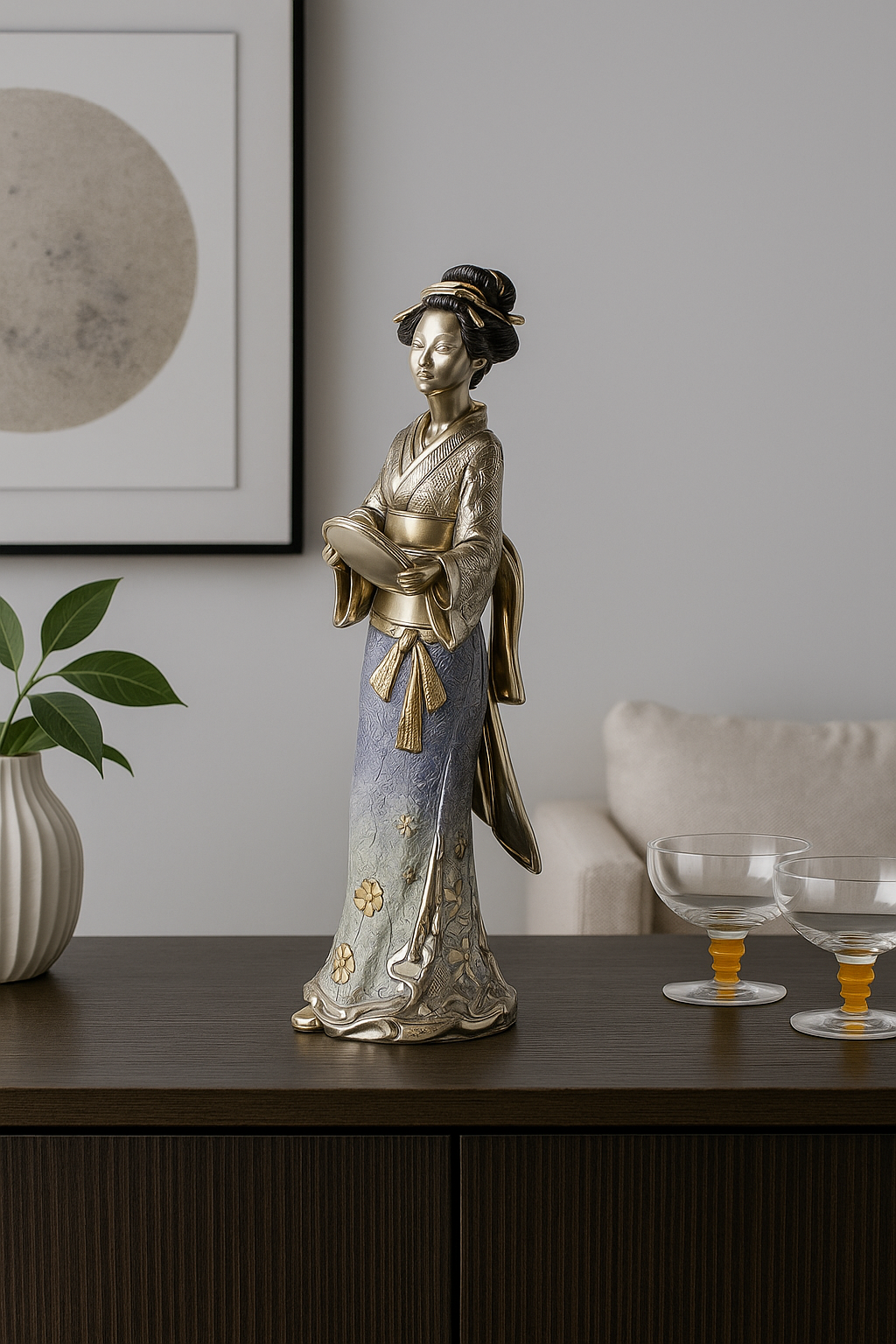 Asian Lady Dancing Sculpture - Silver with Gold and Blue Accents - Elegant Cultural Decor