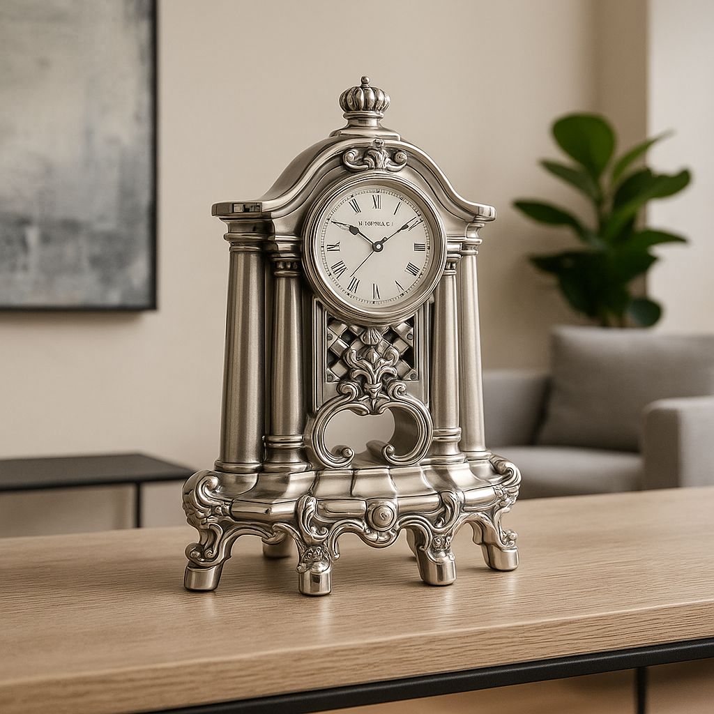 Baroque Style Table Clock in Silver Resin