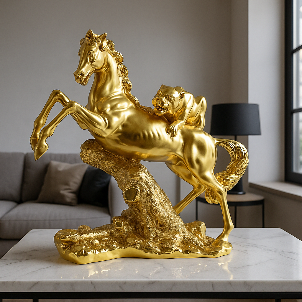Golden-Coated Resin Sculpture – Horse and Panther