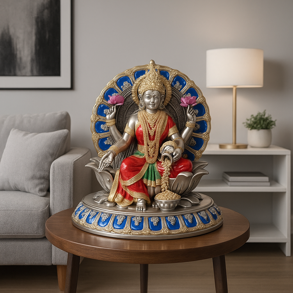 Bhagya Laxmi Statue in Silver Resin with Rhinestones, Gold, and Blue Details - Symbol of Prosperity and Grace