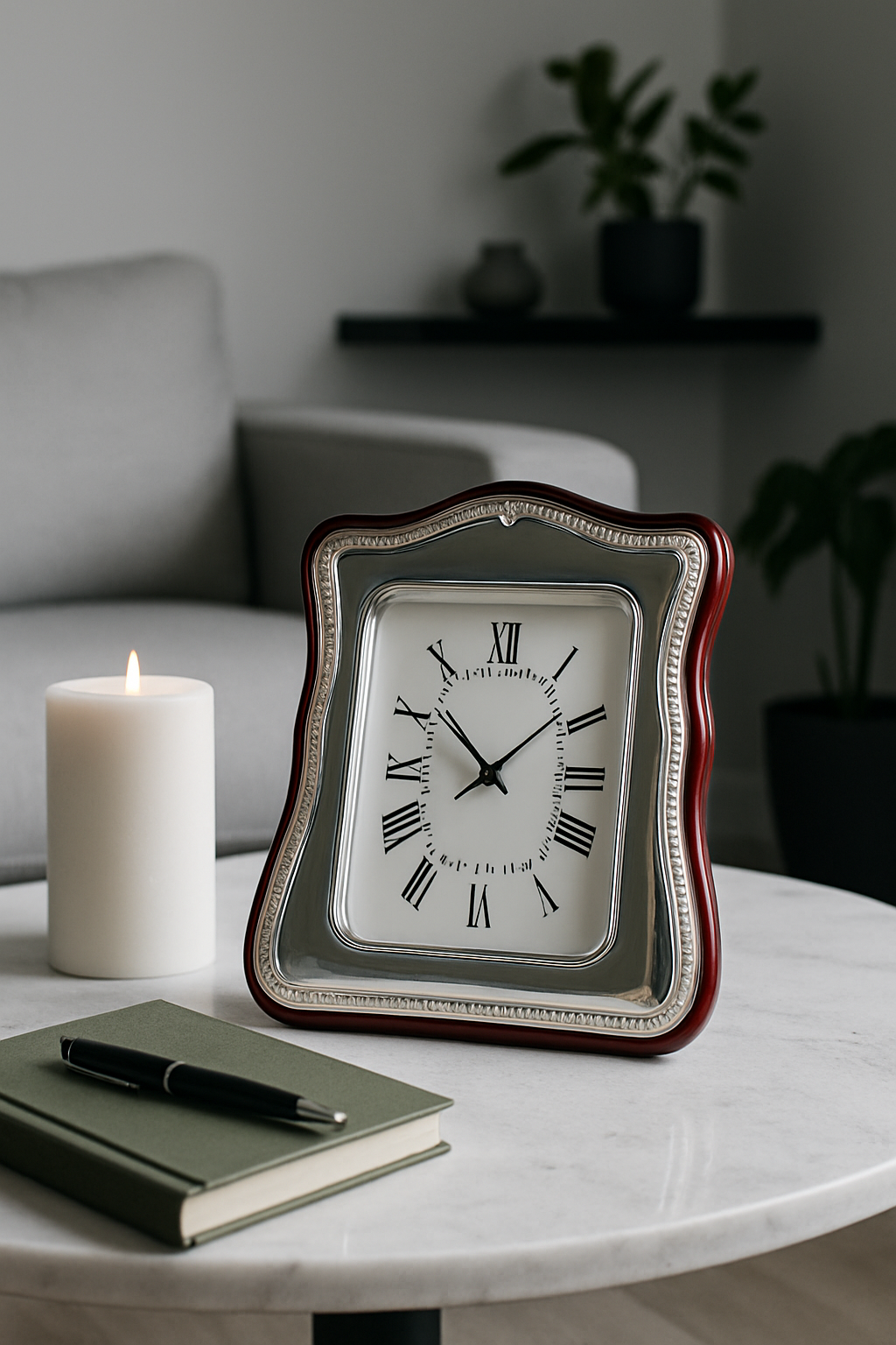 Elegante reloj de mesa con bilaminado plateado sobre marco de madera