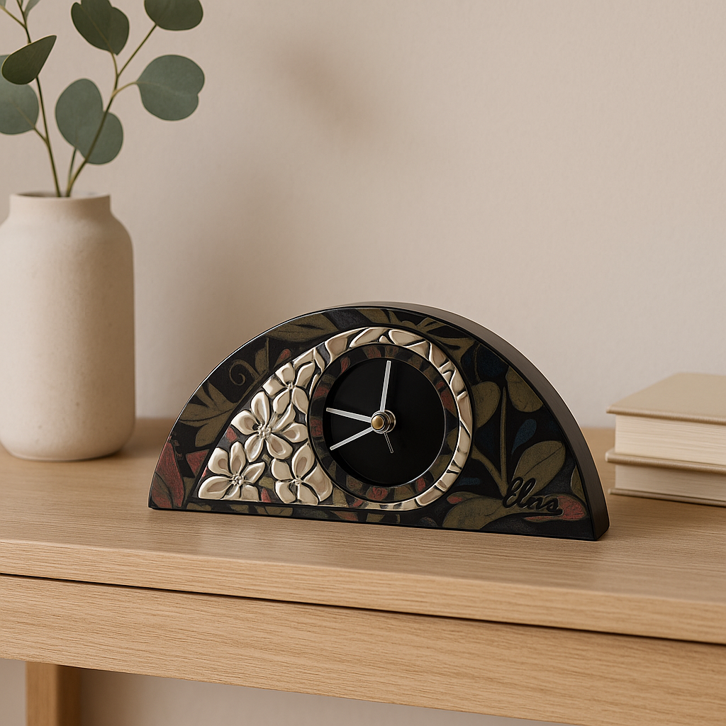 Elegante reloj de mesa con diseño floral bilaminado plateado sobre base de caoba negra