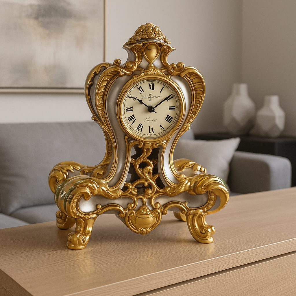Baroque Style Table Clock in Gold and Silver Resin