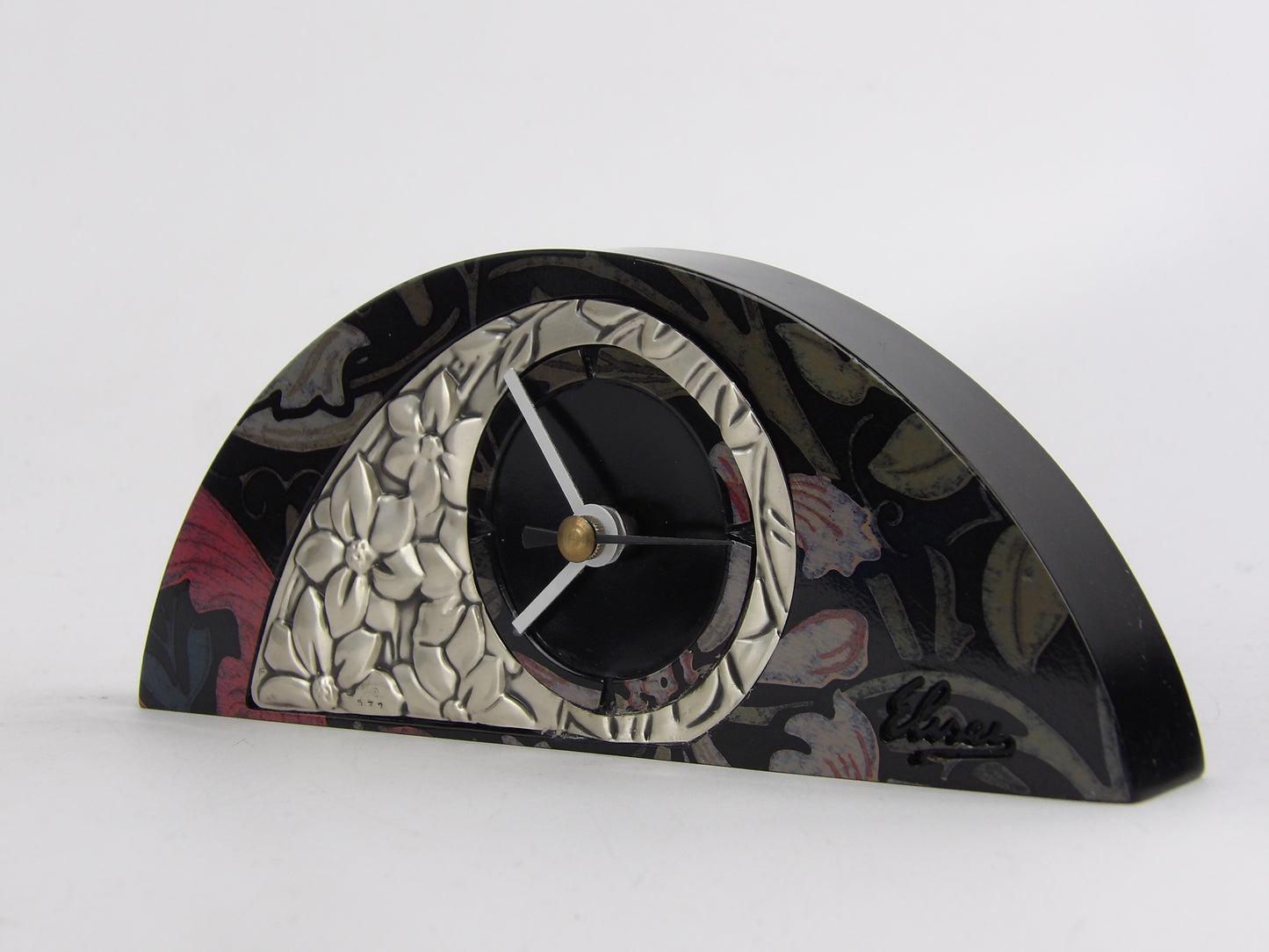 Black Mahogany Table Clock with Silver-Coated Bilaminate Floral Design