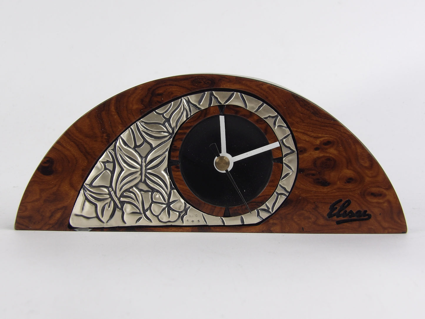 Reloj de mesa de caoba con bilaminado revestido de plata