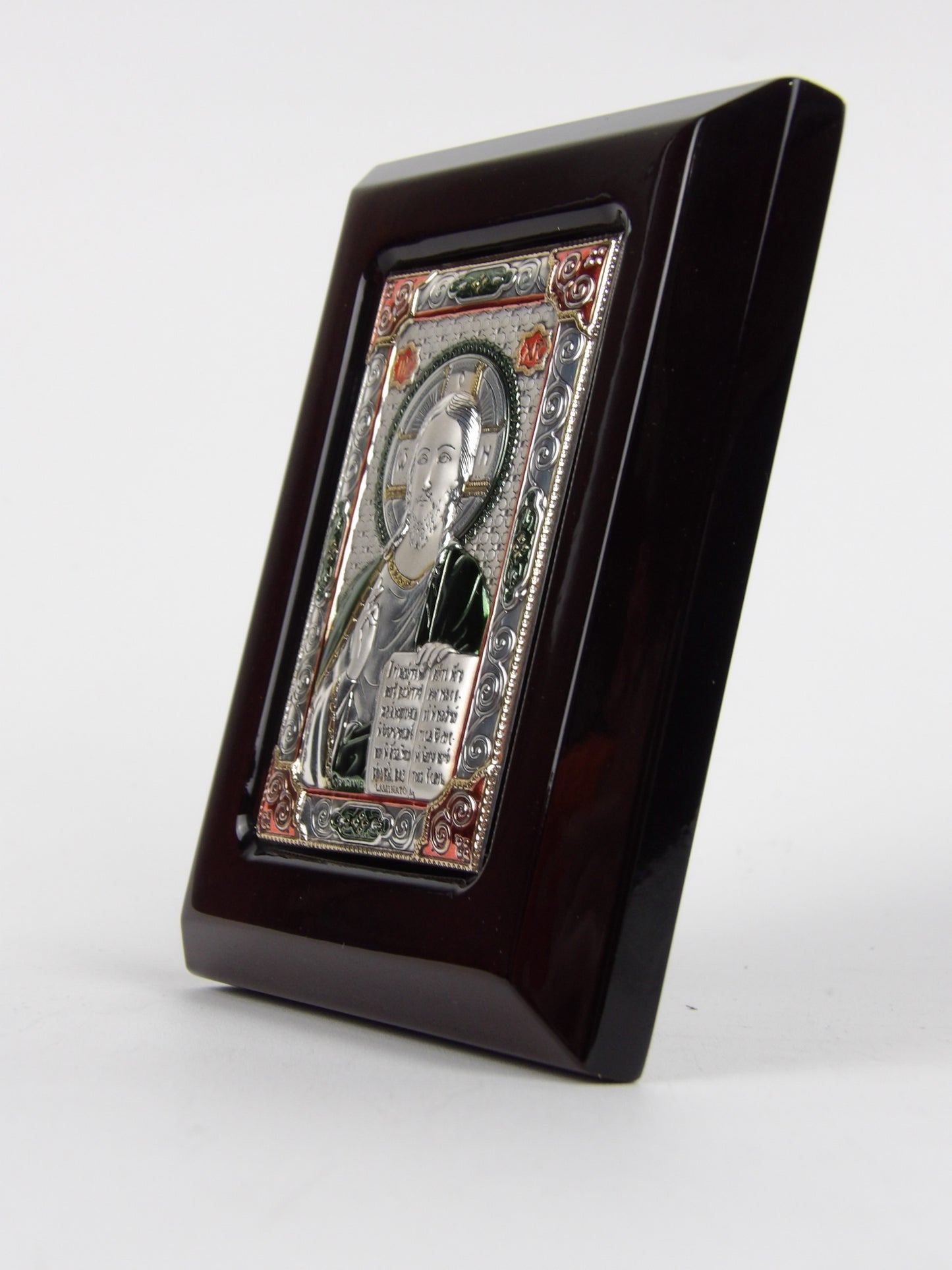 Colored Silver Jesus with Holy Bible in Wooden Frame