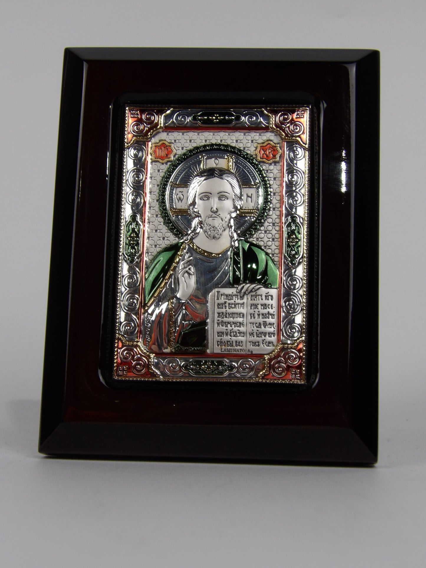 Colored Silver Jesus with Holy Bible in Wooden Frame