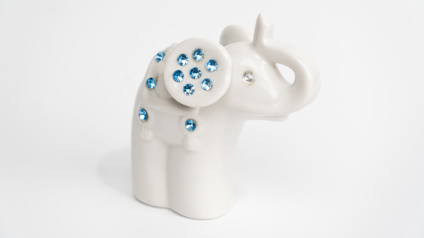 Ceramic White Elephant With Blue Rhinestone in Leather Case