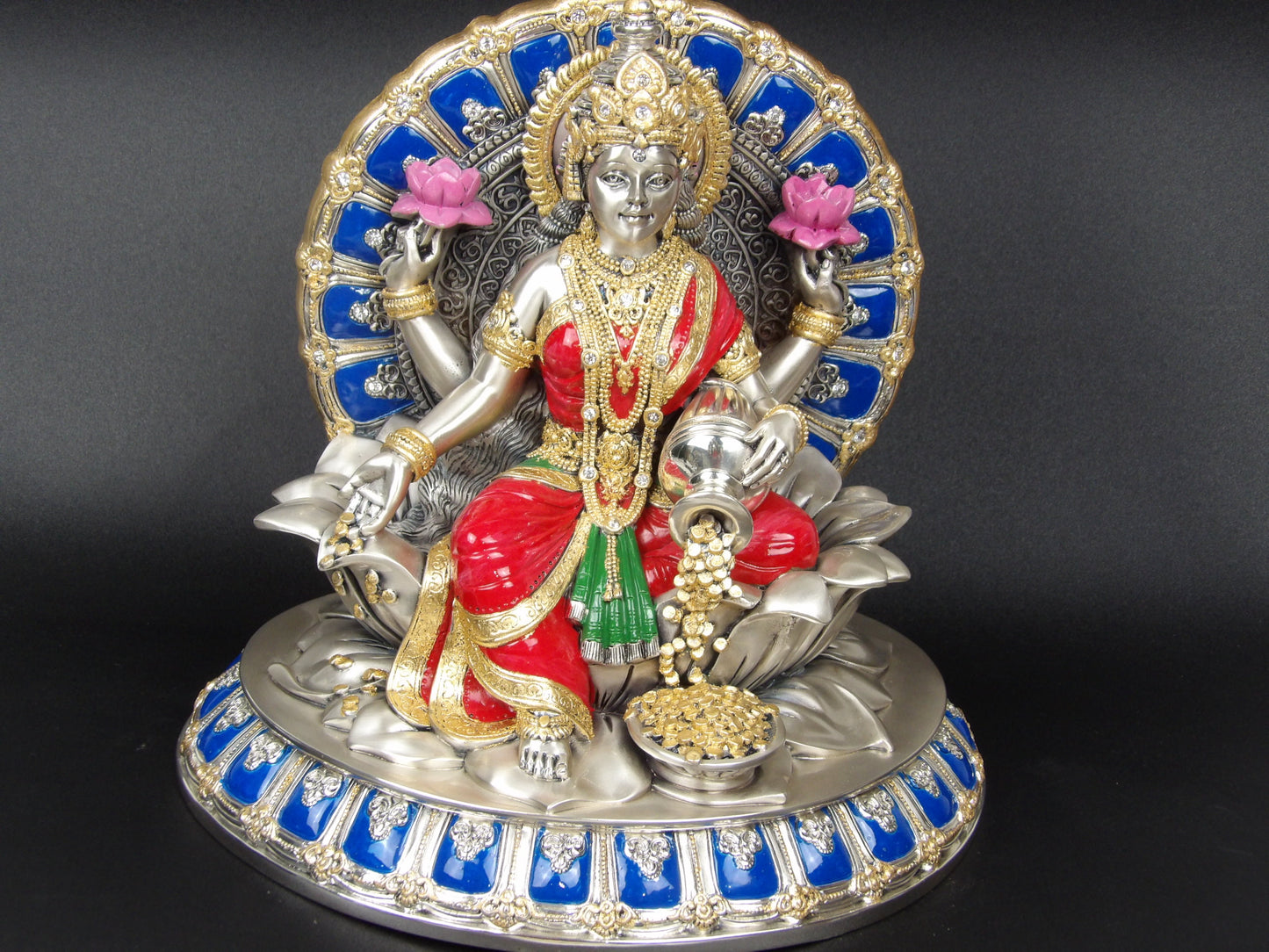 Bhagya Laxmi Statue in Silver Resin with Rhinestones, Gold, and Blue Details - Symbol of Prosperity and Grace