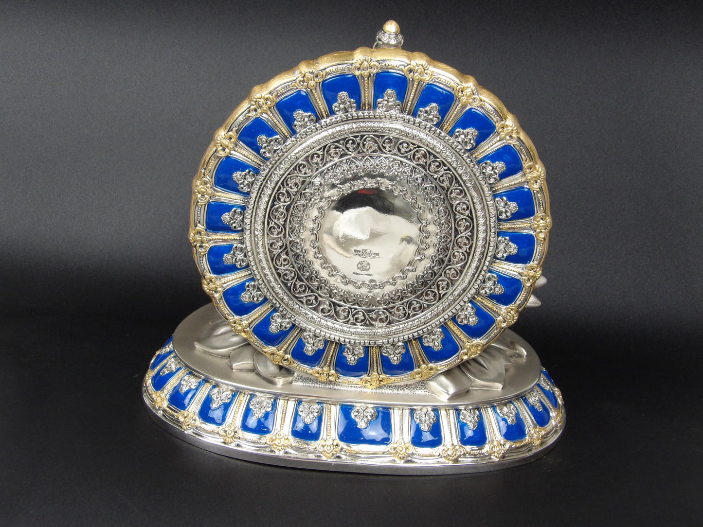 Bhagya Laxmi Statue in Silver Resin with Rhinestones, Gold, and Blue Details - Symbol of Prosperity and Grace