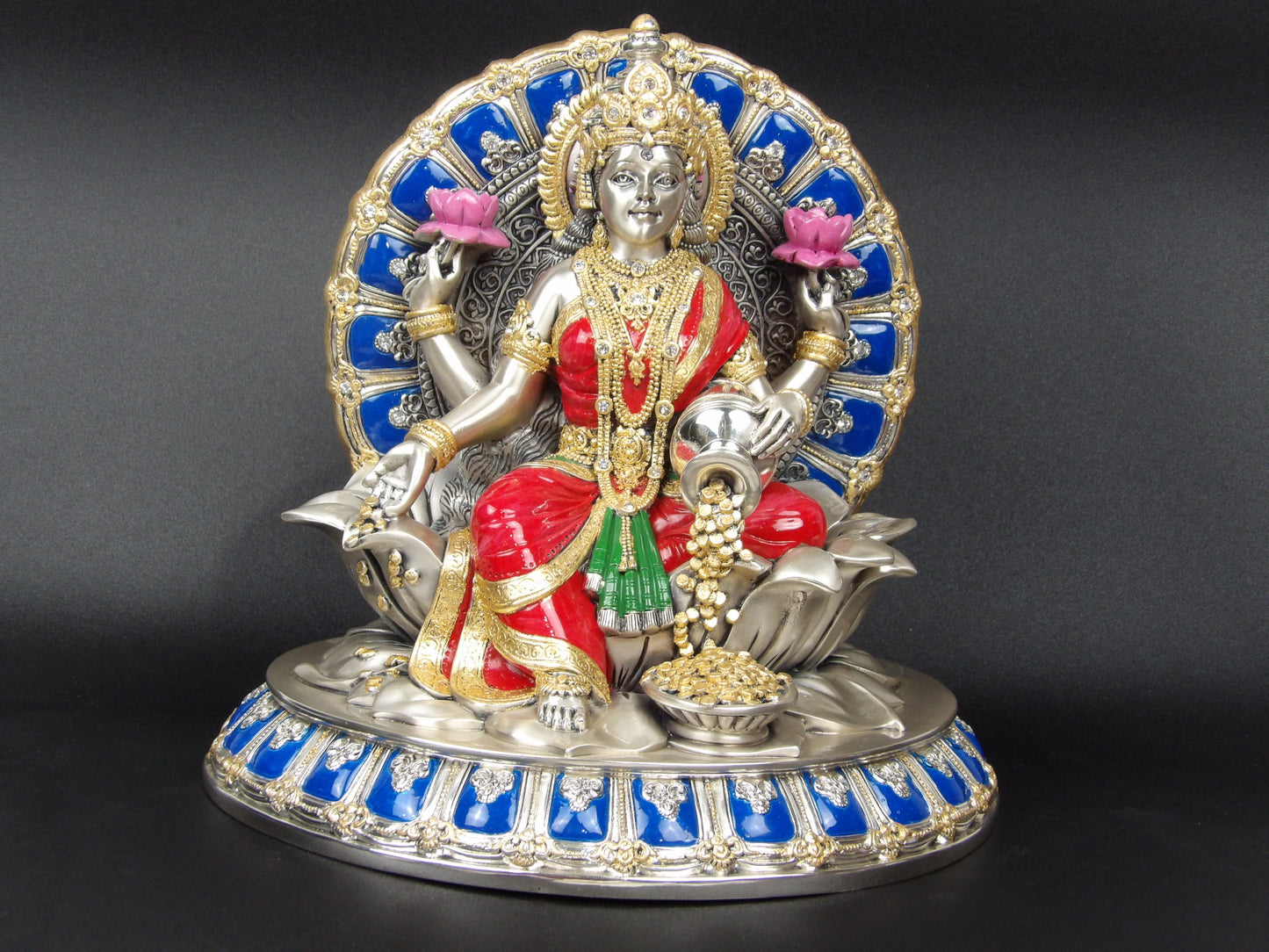 Bhagya Laxmi Statue in Silver Resin with Rhinestones, Gold, and Blue Details - Symbol of Prosperity and Grace