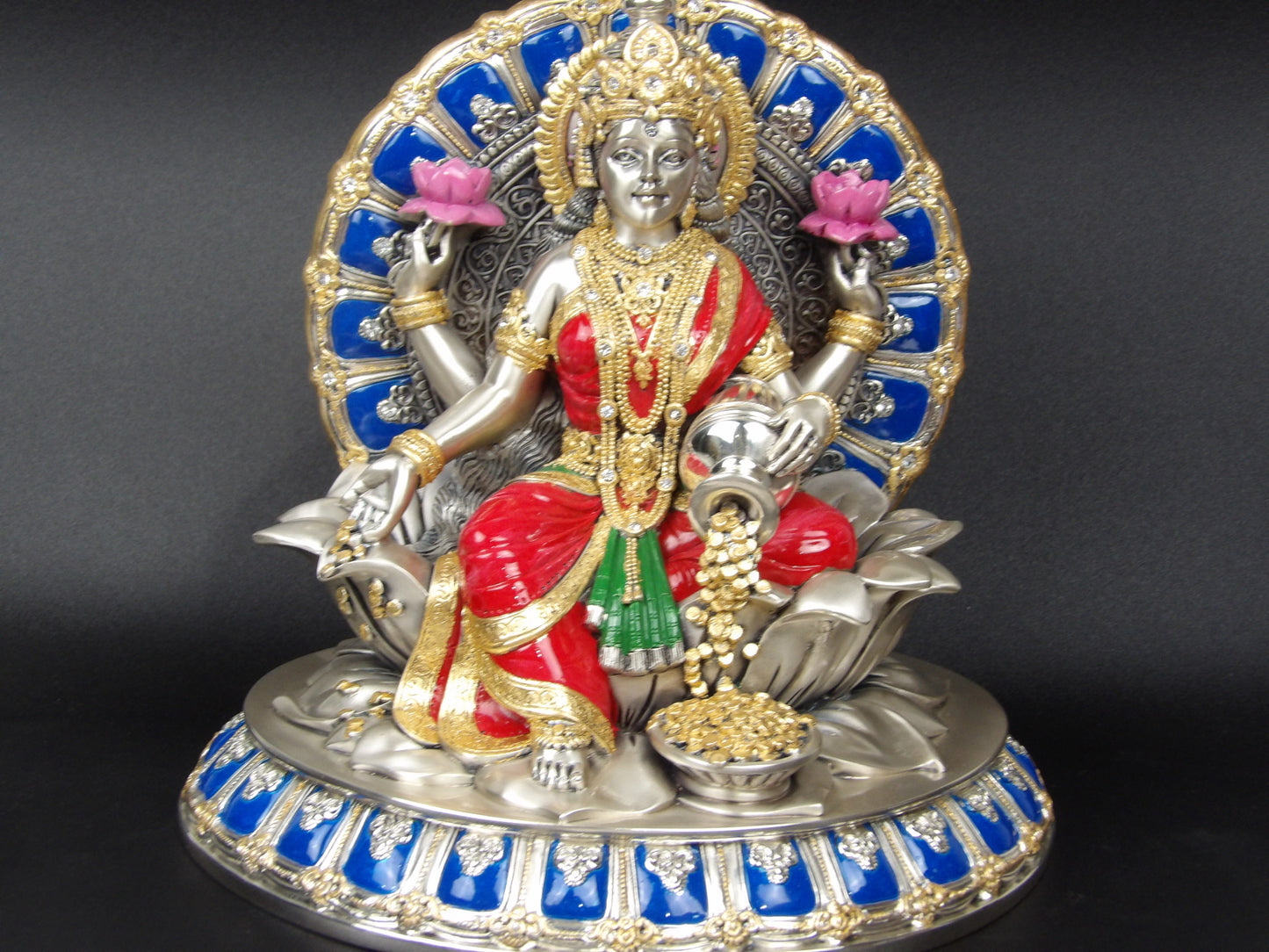 Bhagya Laxmi Statue in Silver Resin with Rhinestones, Gold, and Blue Details - Symbol of Prosperity and Grace