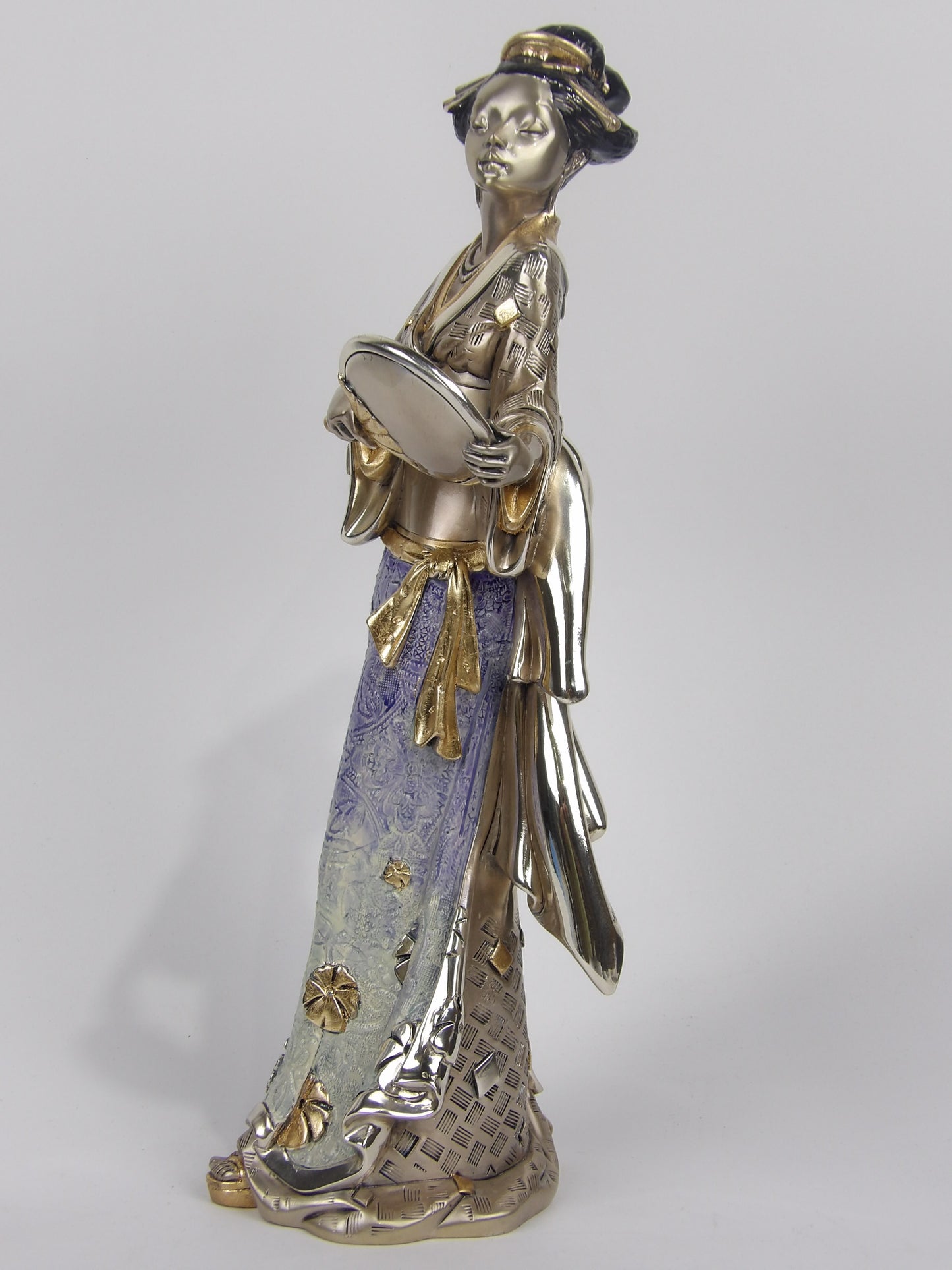 Asian Lady Dancing Sculpture - Silver with Gold and Blue Accents - Elegant Cultural Decor