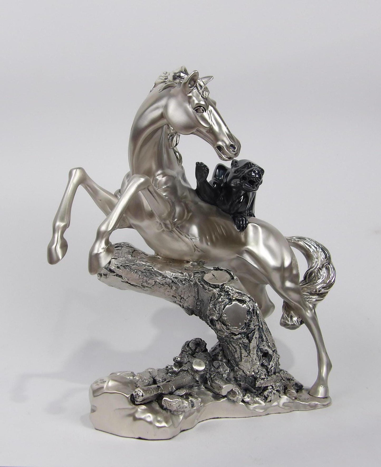 Silver-coated resin sculpture , Black Panther on Horse
