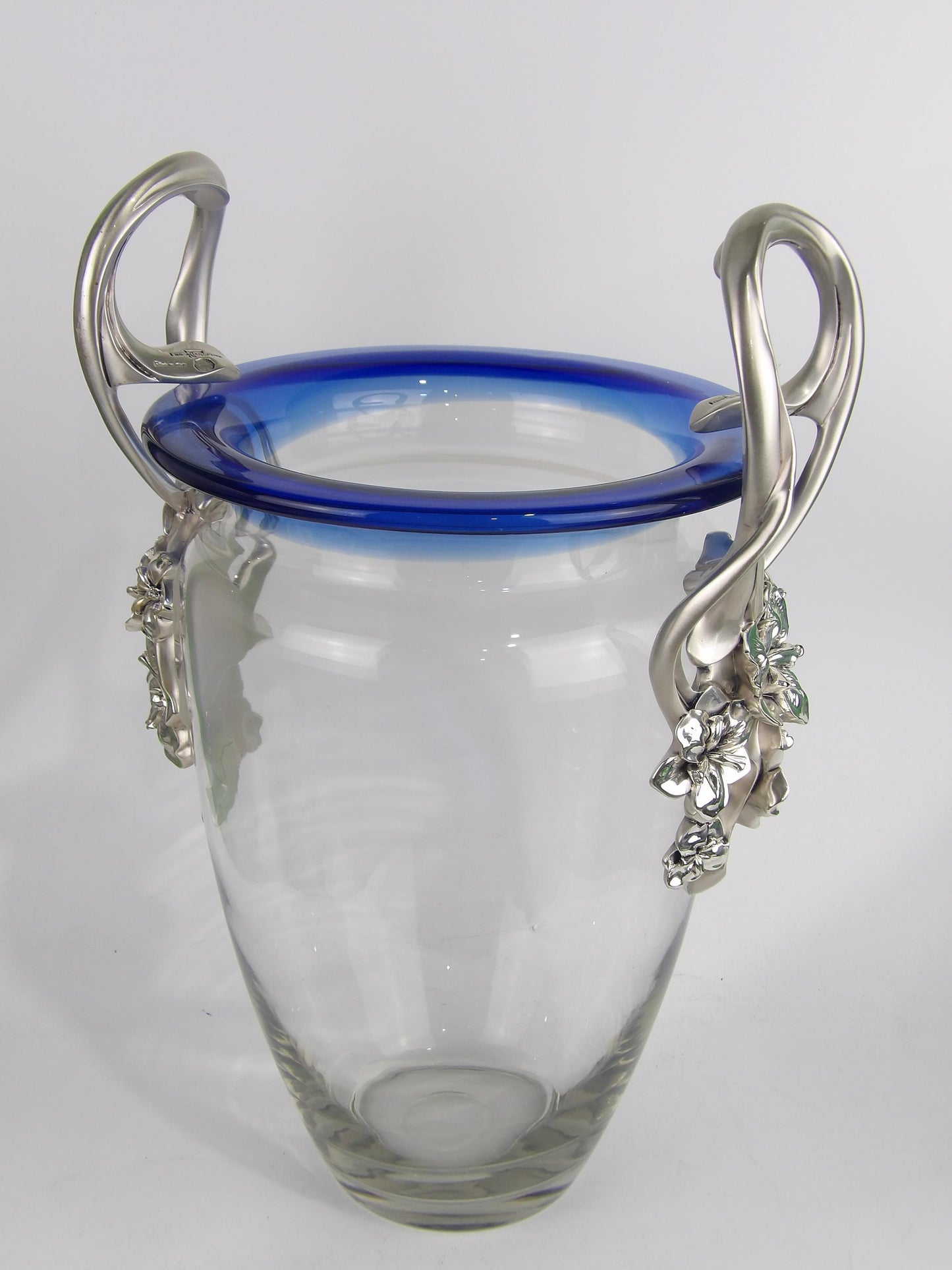 Handmade Clear Glass Vase with Blue Accents and Silver Resin Holders