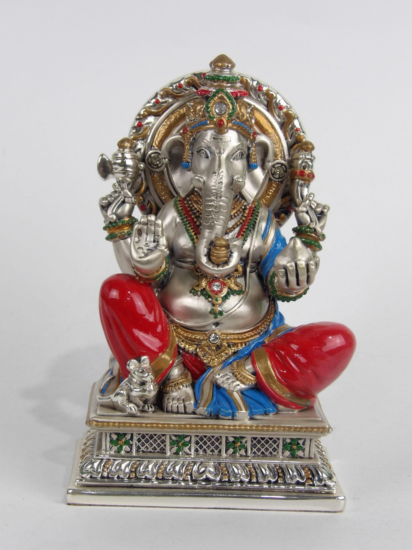 Ganesha Sculpture with Rectangle Base – Silver Resin and Colored Details: A Symbol of Wisdom and Prosperity