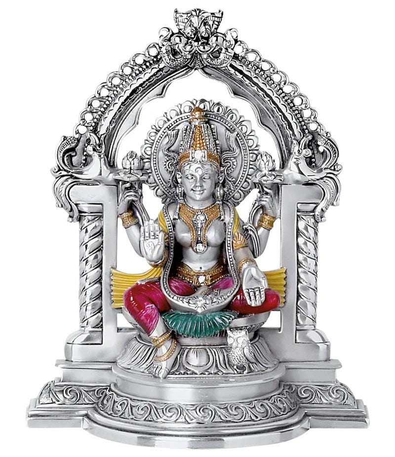 Lakshmi Devi Sculpture – Silver Resin with Colored and Gold Details: A Radiant Symbol of Wealth and Prosperity