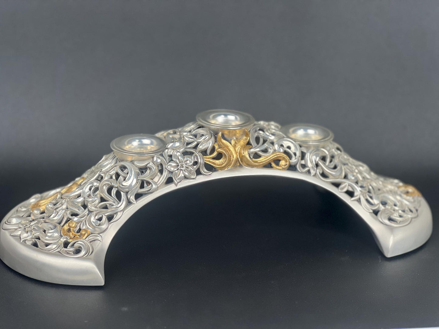 Handmade Silver Resin Three-Flame Candlestick with Gold Details