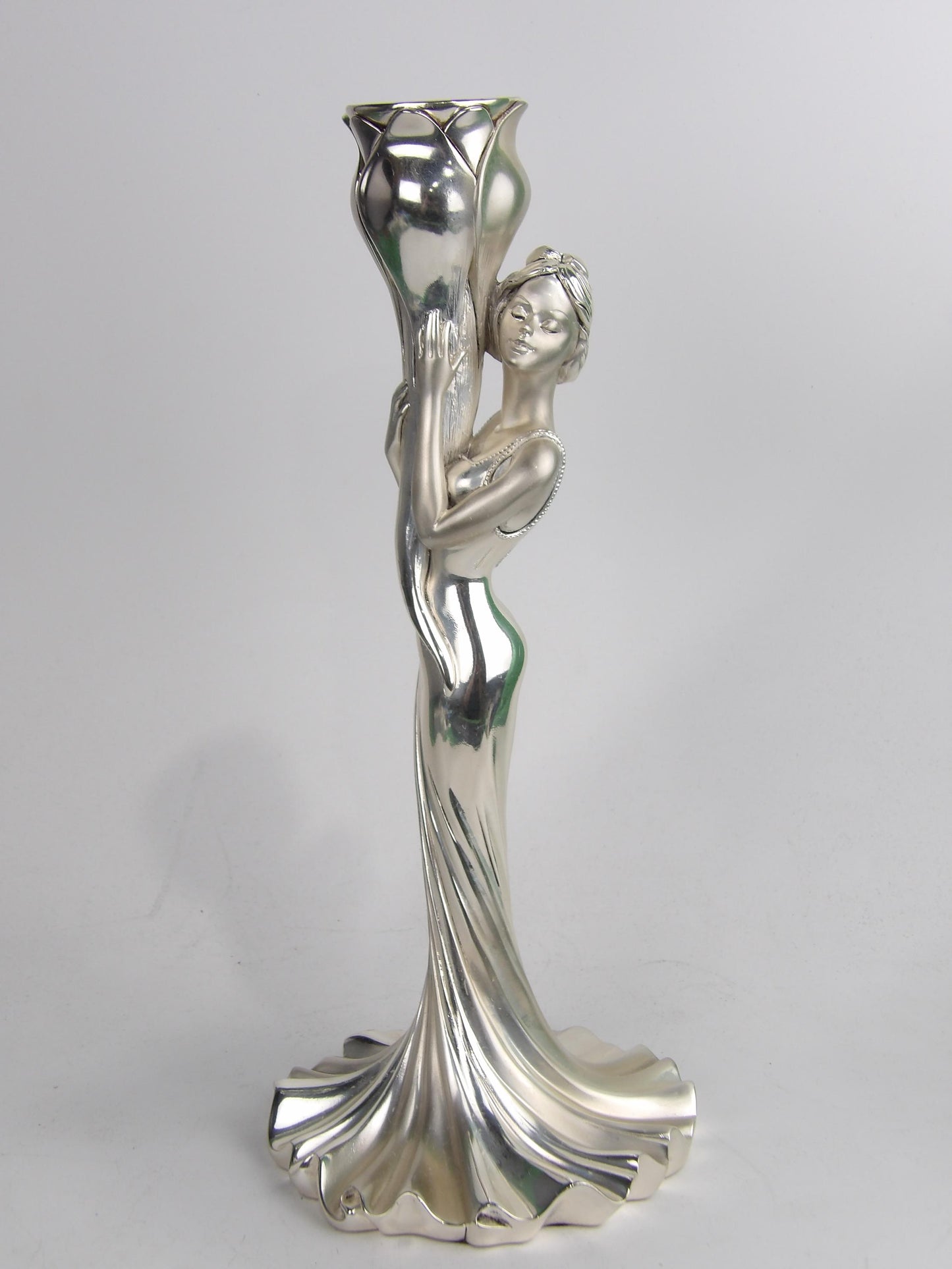Silver-Coated Resin One-Branched Candle Holder, Subject “Woman and Tulip”
