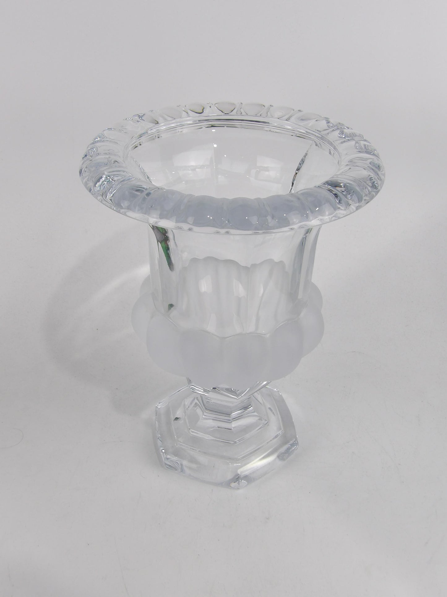 Crystal Vase with Frosted Glass Center, Scalloped Rim, and Pedestal Base