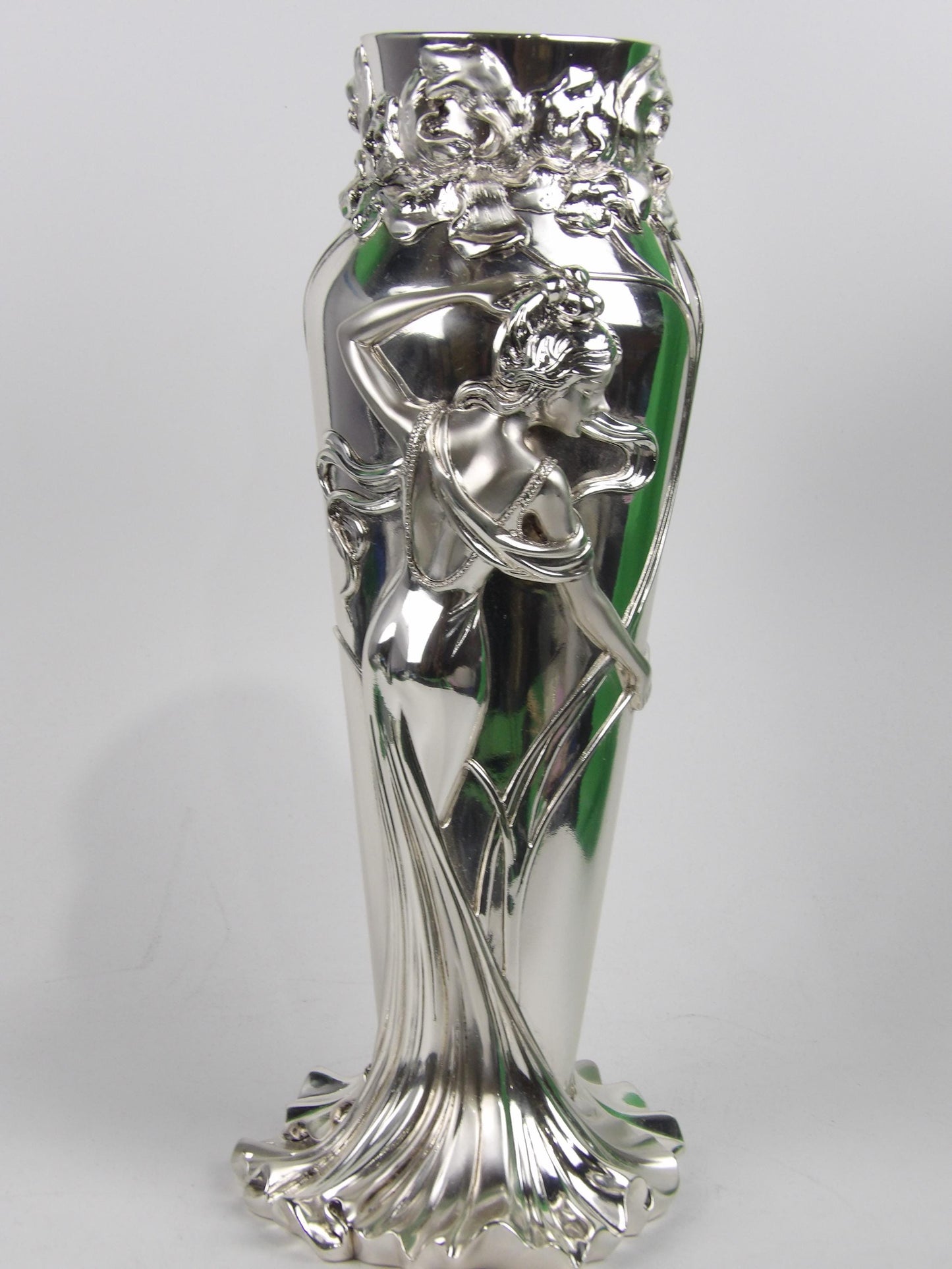 silver-coated resin vase, subject “woman and flowers in high relief