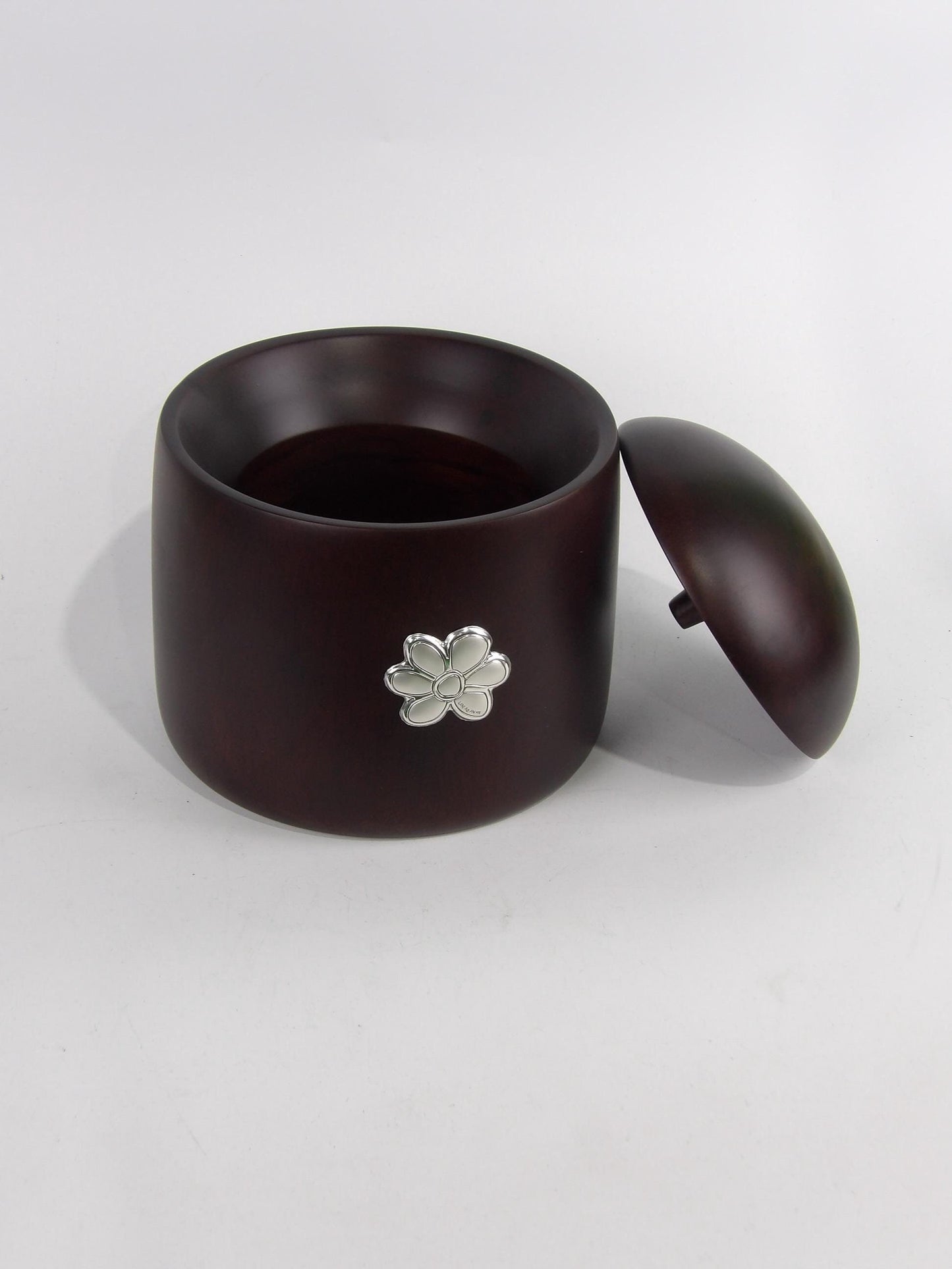 Handmade Brown woodcarved Jar with Silver-Coated Flower