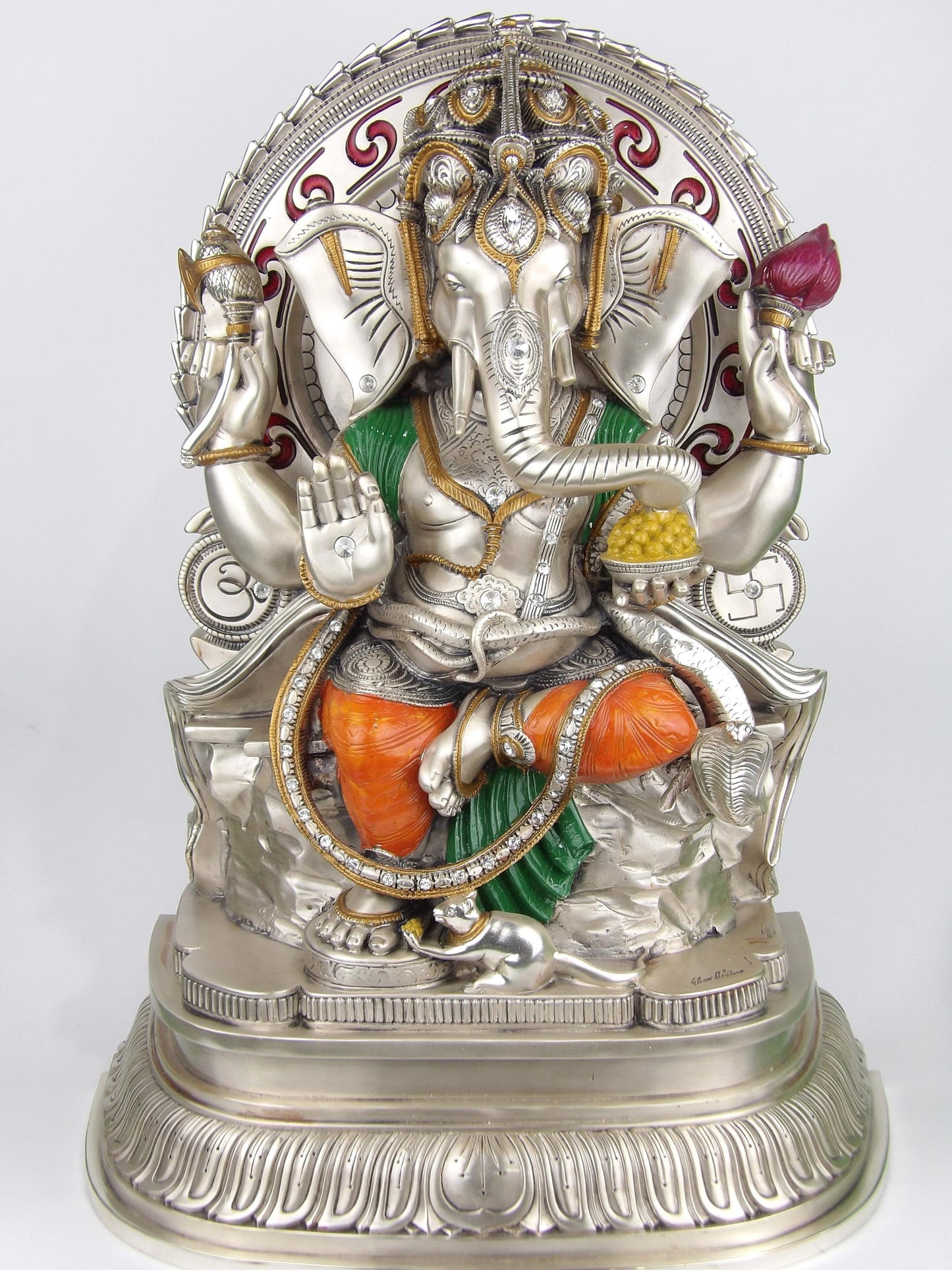 Handmade Resin Ganesha Statue with Silver Finish and Enamel Detailing