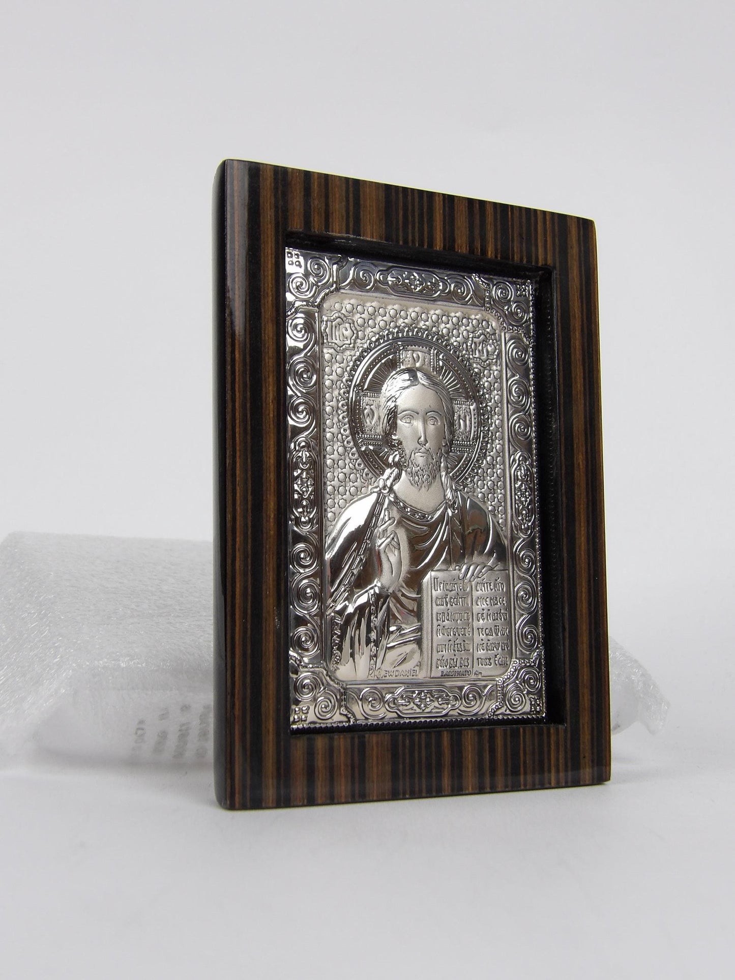Jesus with Bible in Silver Laminate and Wooden Frame