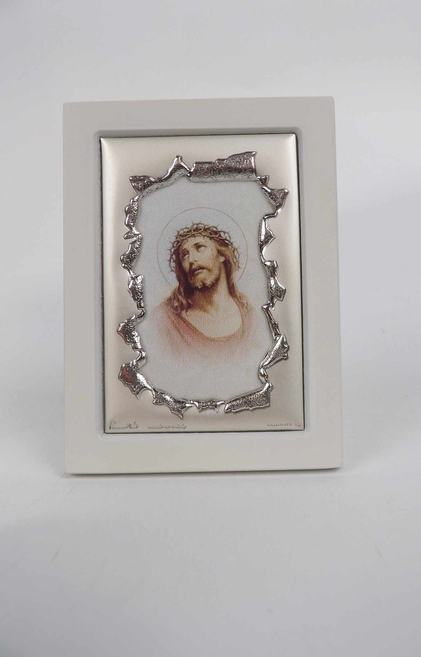 Handmade Jesus Christ Portrait in Silver Laminate White Frame Italian Religious Art