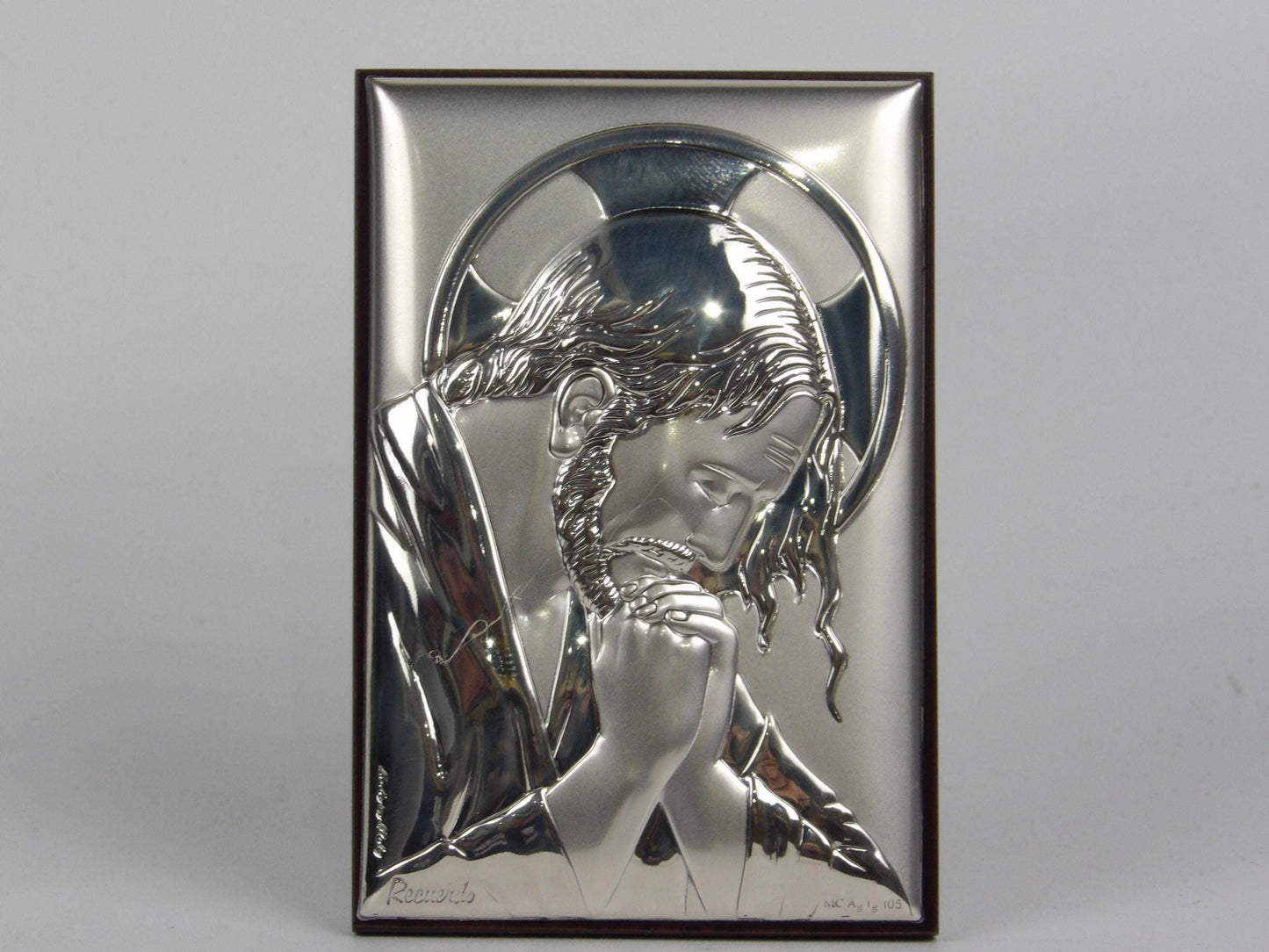 Handmade Sacred Jesus Christ in Silver Laminate Wooden Backing Italian Religious Art