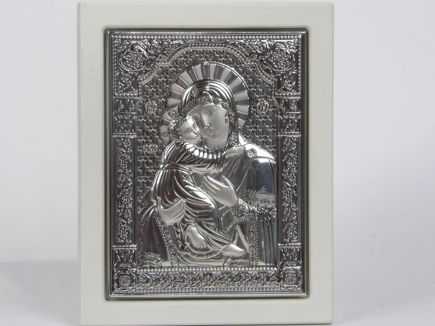 Mary with Baby Jesus in Silver Bilaminate with White Wooden Frame