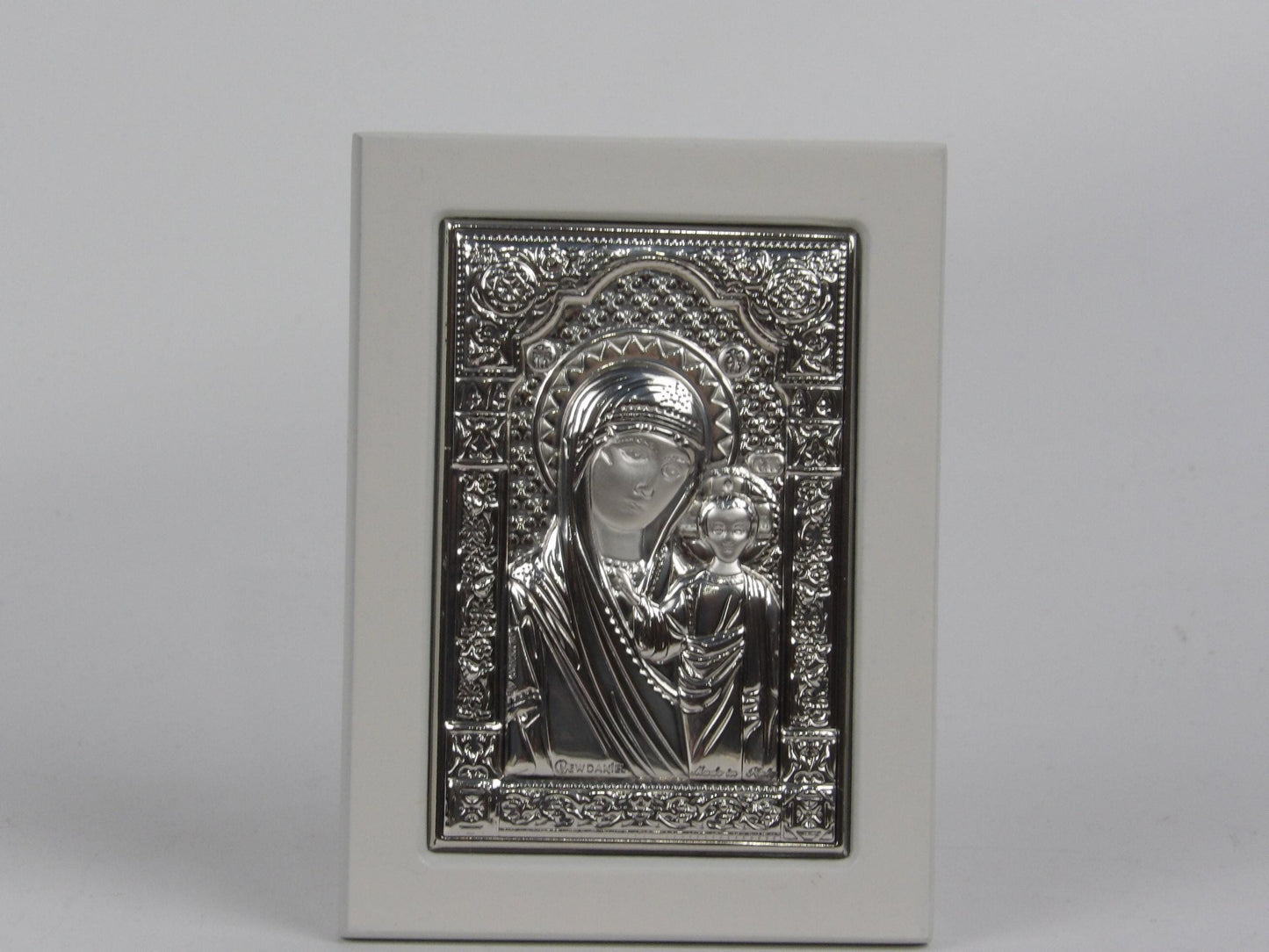 Silver Laminated Religious Artwork on White Wood Base, Handcrafted in Italy Madonna with Jesus