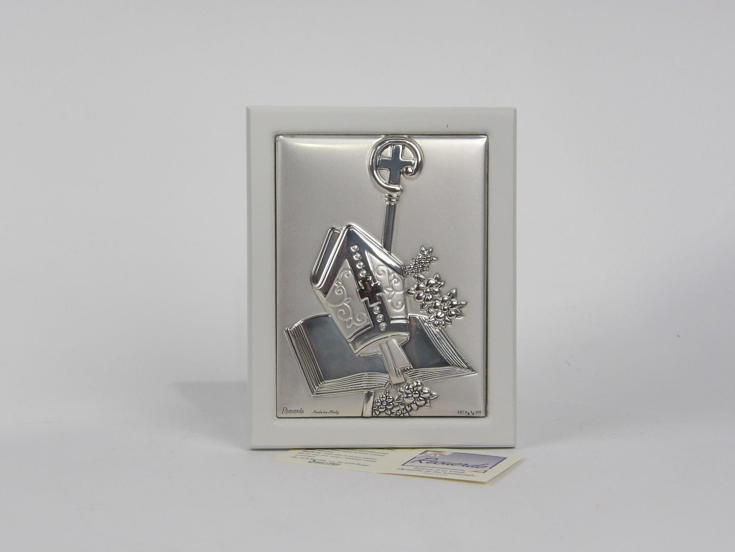 Holy Icon with Cross and Book – Laminated Silver on White Wood Base