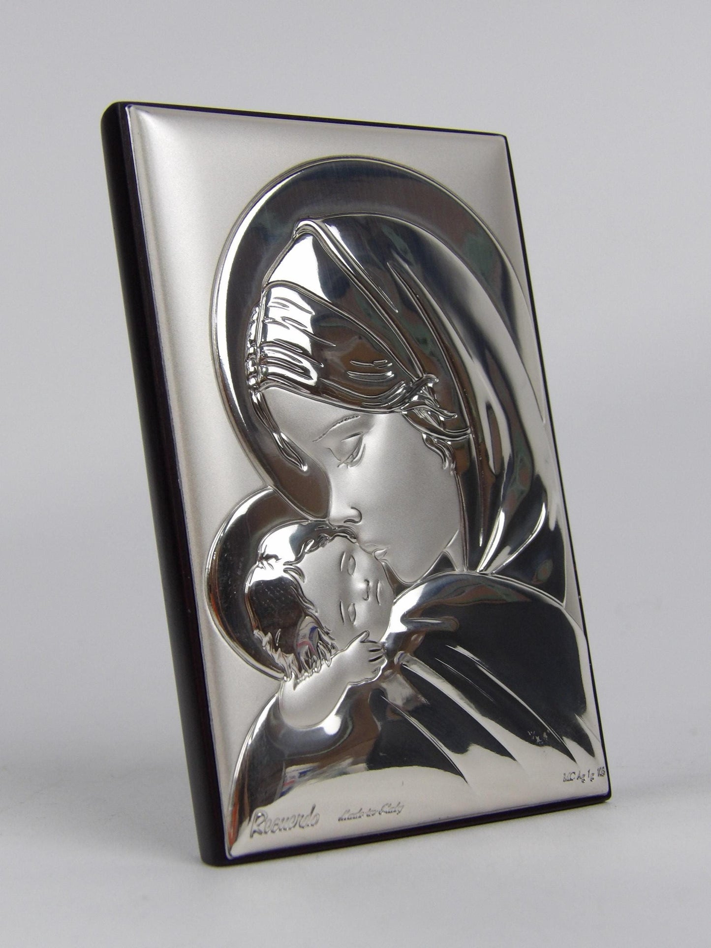 Madonna with Baby in Silver Laminate in Wooden Frame